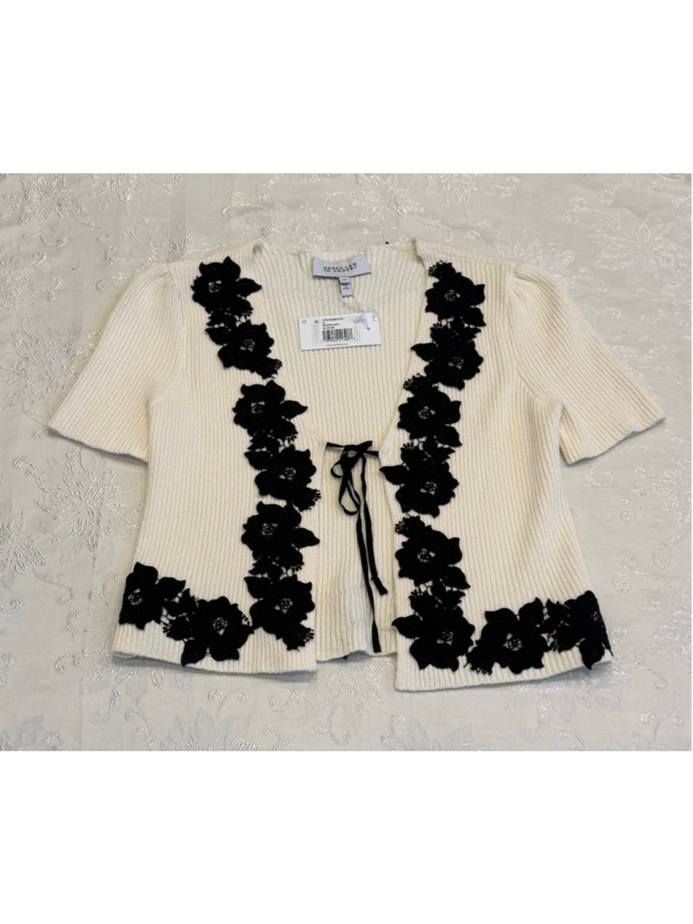 Derek Lam 10 Crosby Maes Lace Trim Ribbed Cardigan Blanc de Blanc Black Small NW - Picture 5 of 7